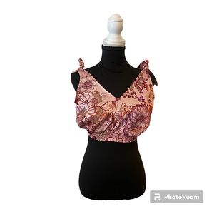 Free People Weekend in Montauk Cropped Tie Shoulder Satin Tank Pink Print Size S